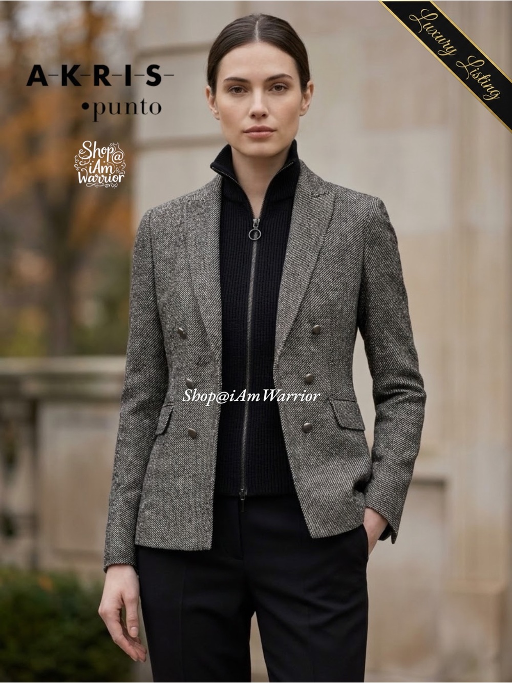 Akris Punto Wool Silk Tweed Blazer Removable Mockneck Ribbed Knit Zip Inset